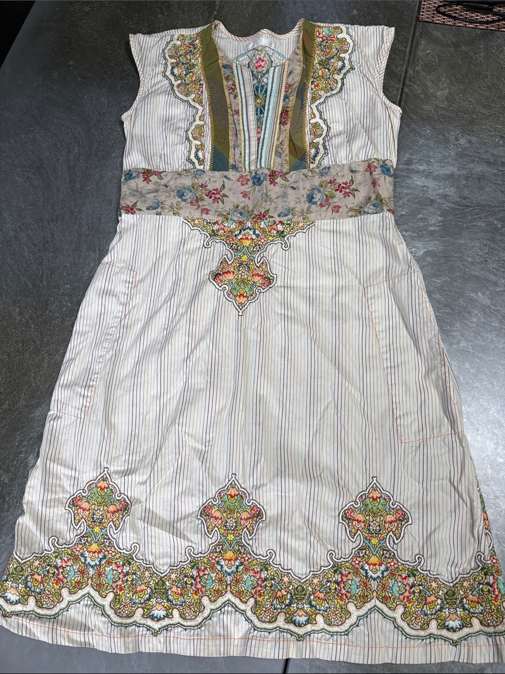 Johnny Was Cream Striped Midi Dress with Multicolor Floral Embroidery